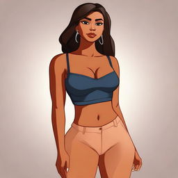 A digital illustration of a girl with brown skin, 46-inch hips, 27-inch waist, and 39-inch breast