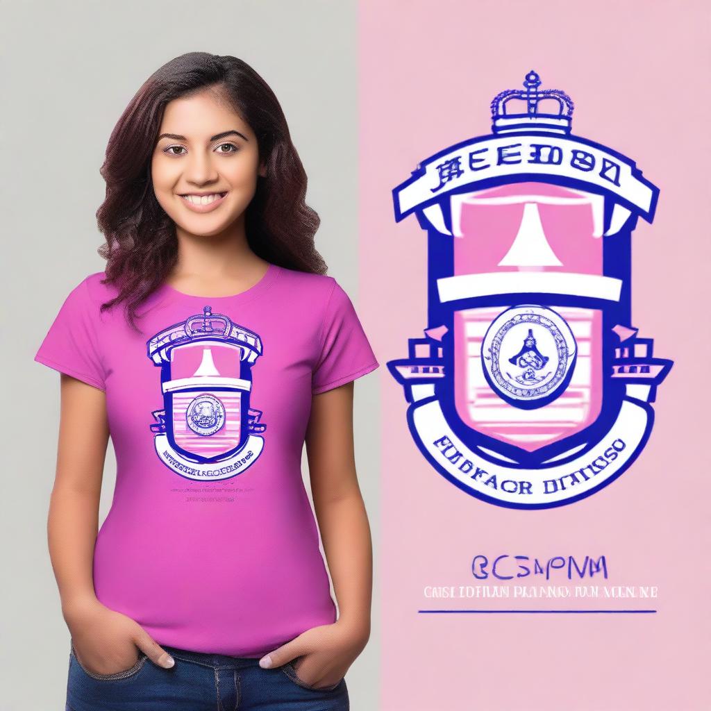 Create a t-shirt design for 'EEEFM Senador Dirceu Cardoso' with a blue shirt and colors pink, purple, and white