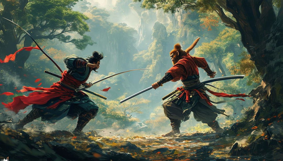 The God Wukong fighting a samurai in a dense forest setting, depicted in a book sketch illustrative style.