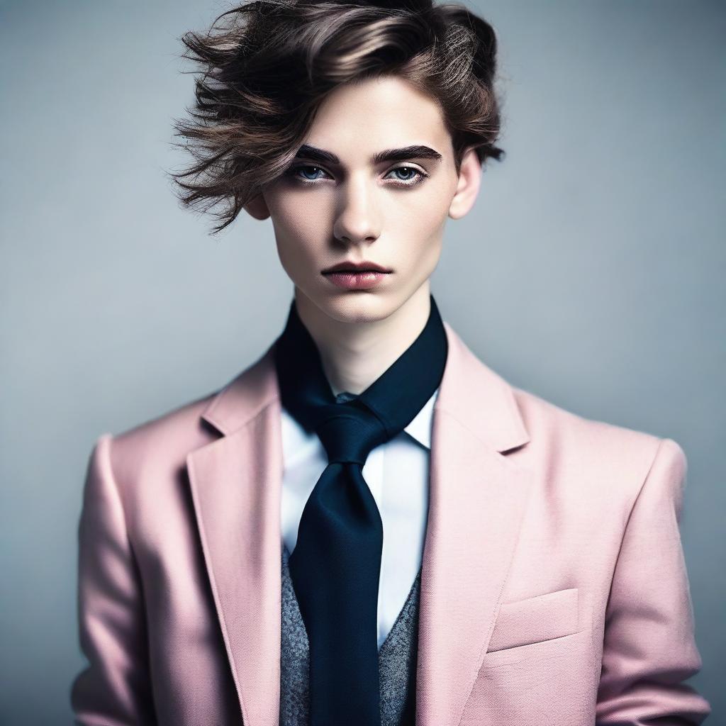 A visually appealing and stylish image of a young, androgynous male with feminine features