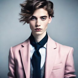 A visually appealing and stylish image of a young, androgynous male with feminine features