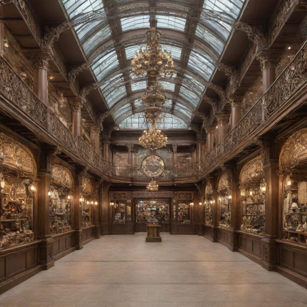 The interior of a shopping mall reimagined in steampunk style, displaying Victorian-era influences, brassy fixtures, ornate detailing, and gear-infused mechanical decor alongside modern retail elements.