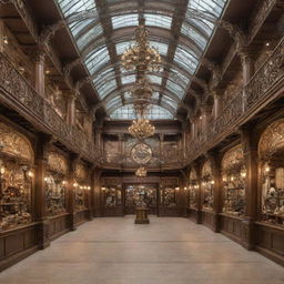 The interior of a shopping mall reimagined in steampunk style, displaying Victorian-era influences, brassy fixtures, ornate detailing, and gear-infused mechanical decor alongside modern retail elements.