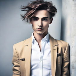 A visually appealing and stylish image of a young, androgynous male with feminine features