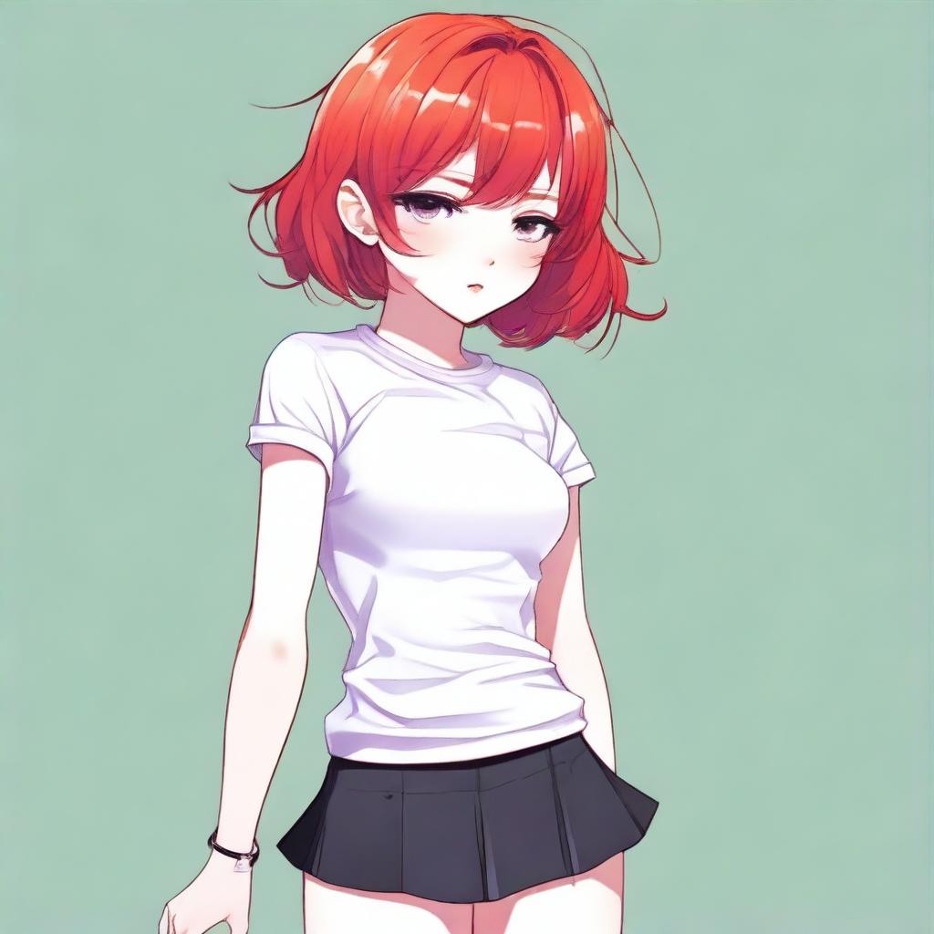 A detailed illustration of a young femboy with red hair styled in a bob haircut