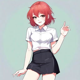 A detailed illustration of a young femboy with red hair styled in a bob haircut