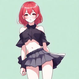 A detailed illustration of a young femboy with red hair styled in a bob haircut