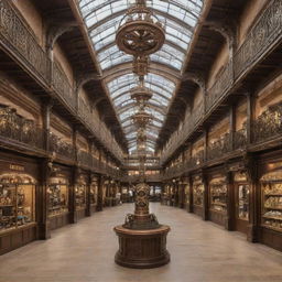 The interior of a shopping mall reimagined in steampunk style, displaying Victorian-era influences, brassy fixtures, ornate detailing, and gear-infused mechanical decor alongside modern retail elements.