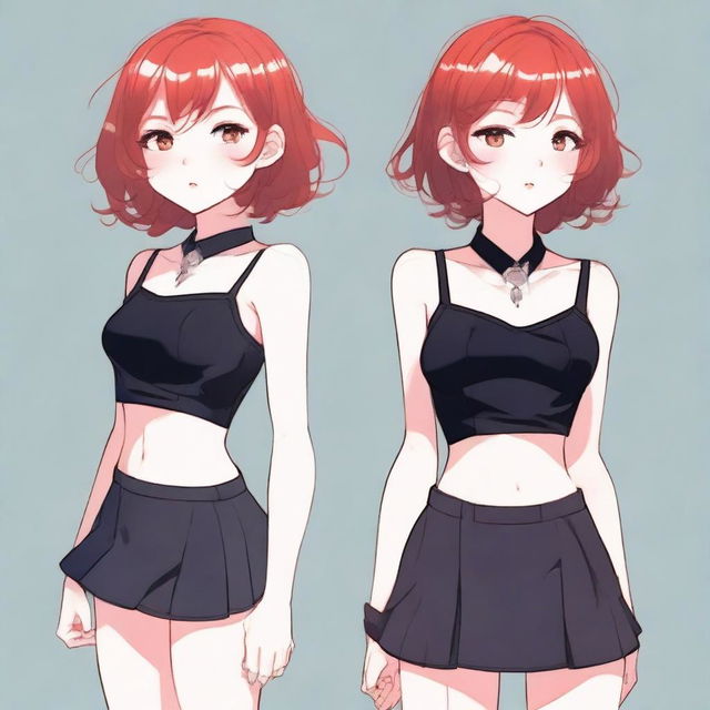 A detailed illustration of a young femboy with red hair styled in a bob haircut