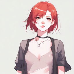 A detailed illustration of a young femboy with red hair styled in a bob haircut