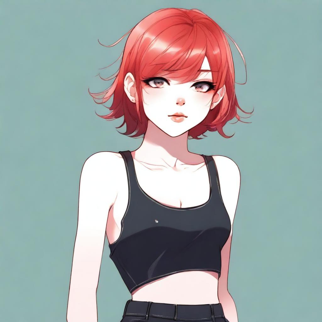 A detailed illustration of a young femboy with red hair styled in a bob haircut