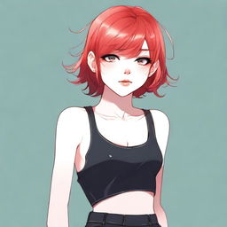 A detailed illustration of a young femboy with red hair styled in a bob haircut