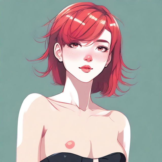 A detailed illustration of a young femboy with red hair styled in a bob haircut