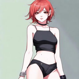 A detailed illustration of a young femboy with red hair styled in a bob haircut