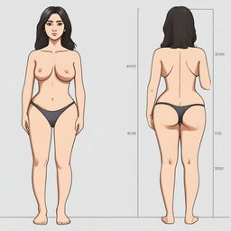 A full-body image of a girl with Arabian features, light brown skin, black hair, and the following measurements: 46-inch hips, 27-inch waist, 39-inch bust, and 29-inch