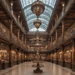 The interior of a shopping mall reimagined in steampunk style, displaying Victorian-era influences, brassy fixtures, ornate detailing, and gear-infused mechanical decor alongside modern retail elements.