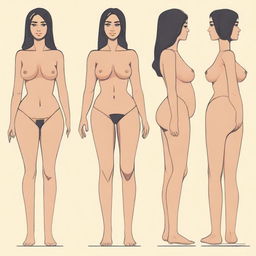 A full-body image of a girl with Arabian features, light brown skin, black hair, and the following measurements: 46-inch hips, 27-inch waist, 39-inch bust, and 29-inch