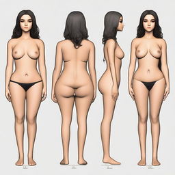 A full-body image of a girl with Arabian features, light brown skin, black hair, and the following measurements: 46-inch hips, 27-inch waist, 39-inch bust, and 29-inch