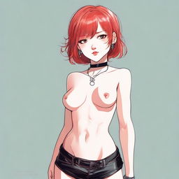 A detailed illustration of a young femboy with red hair styled in a bob haircut