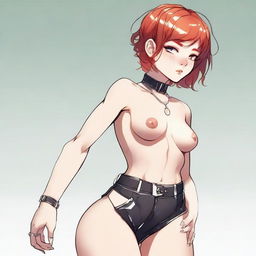 A detailed illustration of a young femboy with red hair styled in a bob haircut