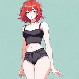 A detailed illustration of a young femboy with red hair styled in a bob haircut