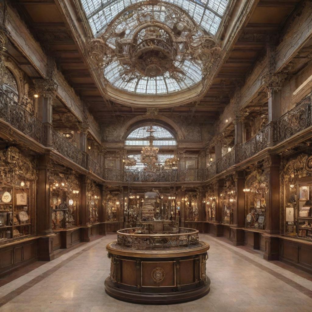 The interior of a shopping mall reimagined in steampunk style, displaying Victorian-era influences, brassy fixtures, ornate detailing, and gear-infused mechanical decor alongside modern retail elements.