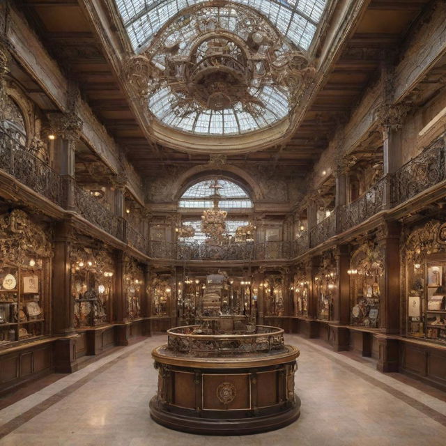 The interior of a shopping mall reimagined in steampunk style, displaying Victorian-era influences, brassy fixtures, ornate detailing, and gear-infused mechanical decor alongside modern retail elements.