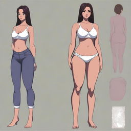 A detailed character illustration of a girl with the following specifications: 46-inch hips, 27-inch waist, 39-inch bust, and 29-inch weight