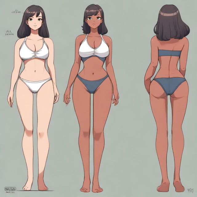 A detailed character illustration of a girl with the following specifications: 46-inch hips, 27-inch waist, 39-inch bust, and 29-inch weight