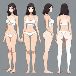 A detailed character illustration of a girl with the following specifications: 46-inch hips, 27-inch waist, 39-inch bust, and 29-inch weight