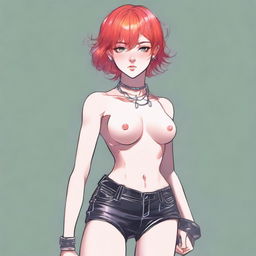 A detailed illustration of a young femboy with red hair styled in a bob haircut