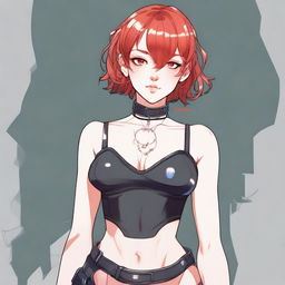 A detailed illustration of a young femboy with red hair styled in a bob haircut