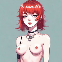 A detailed illustration of a young femboy with red hair styled in a bob haircut