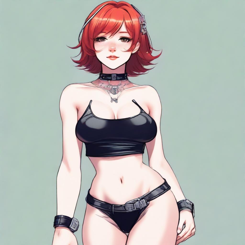 A detailed illustration of a young femboy with red hair styled in a bob haircut