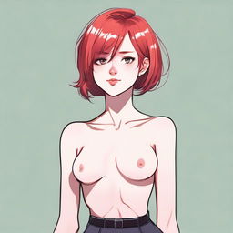 A detailed illustration of a young femboy with red hair styled in a bob haircut