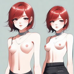 A detailed illustration of a young femboy with red hair styled in a bob haircut