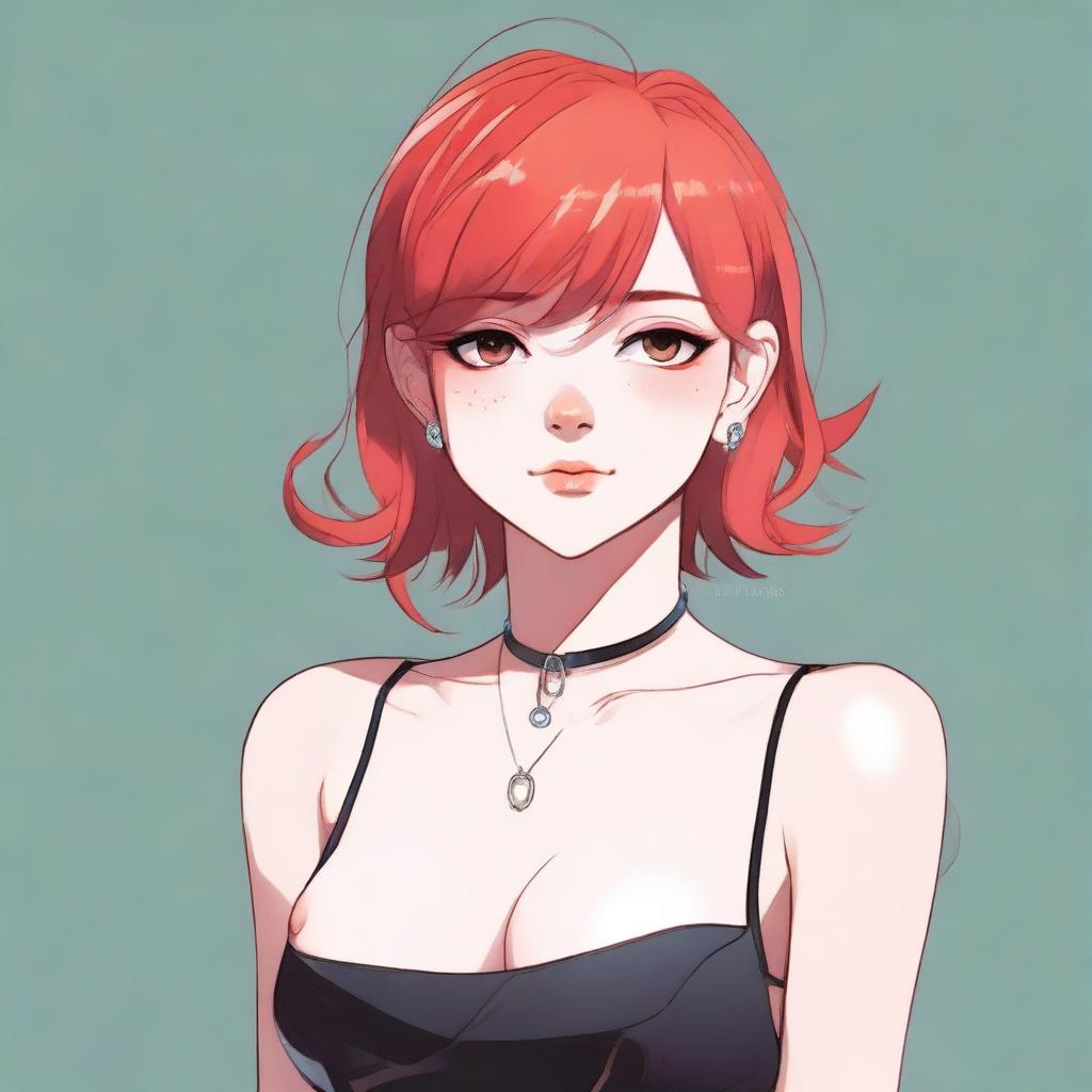 A detailed illustration of a young femboy with red hair styled in a bob haircut