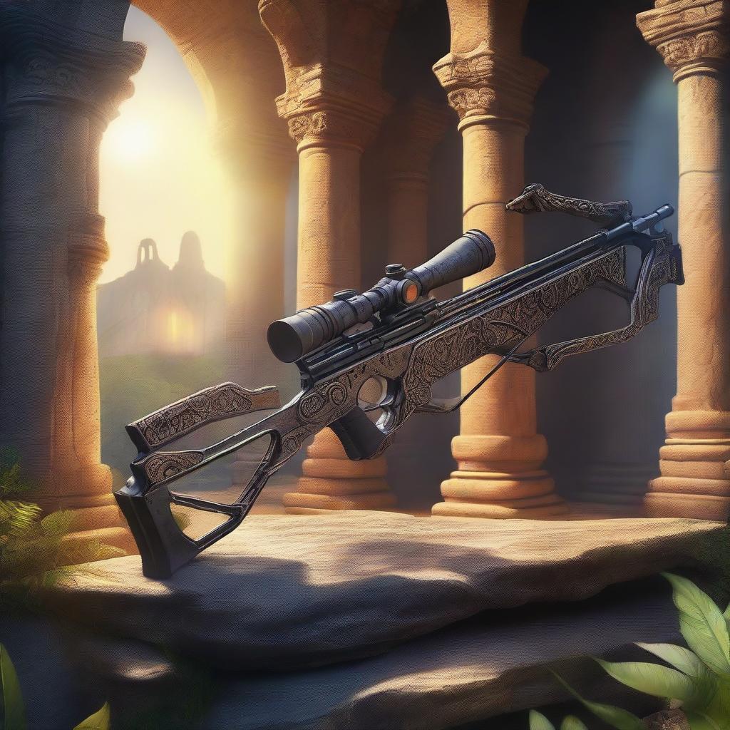 A detailed illustration of a crossbow equipped with a magical sniper scope