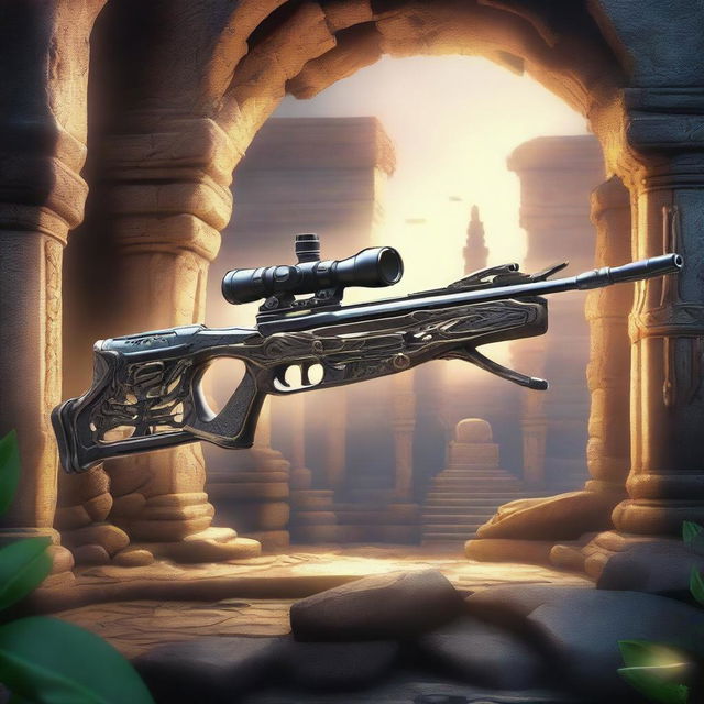 A detailed illustration of a crossbow equipped with a magical sniper scope