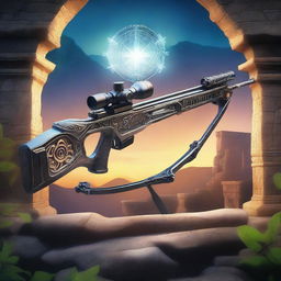 A detailed illustration of a crossbow equipped with a magical sniper scope