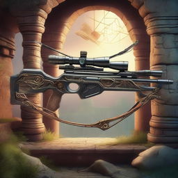 A detailed illustration of a crossbow equipped with a magical sniper scope