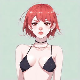 A detailed illustration of a young femboy with red hair styled in a bob haircut