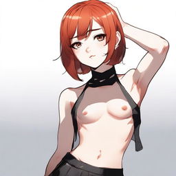 A detailed illustration of a young femboy with red hair styled in a bob haircut