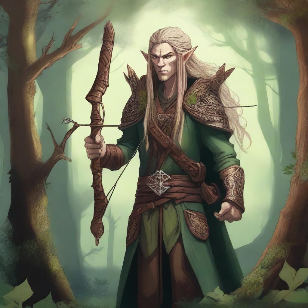 A detailed illustration of a wood elf holding a crossbow equipped with a magical sniper scope