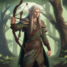 A detailed illustration of a wood elf holding a crossbow equipped with a magical sniper scope