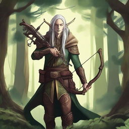 A detailed illustration of a wood elf holding a crossbow equipped with a magical sniper scope