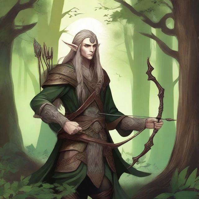 A detailed illustration of a wood elf holding a crossbow equipped with a magical sniper scope