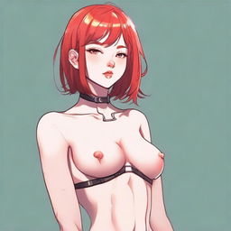 A detailed illustration of a young femboy with red hair styled in a bob haircut and a very flat chest