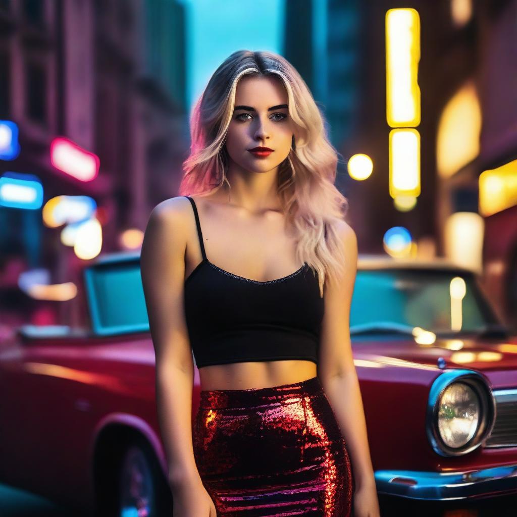 A stylish blonde girl with tousled hair, wearing a sleek black crop top and a sparkling mini skirt adorned with sequins, striking a confident pose beside a vintage red convertible car