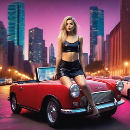 A stylish blonde girl with tousled hair, wearing a sleek black crop top and a sparkling mini skirt adorned with sequins, striking a confident pose beside a vintage red convertible car